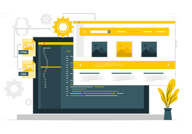 Illustrazione del processo di web design e sviluppo con elementi di codice, HTML, CSS e interfaccia utente su un laptop."