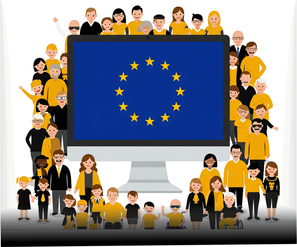 Illustrazione di diversi cittadini europei che interagiscono con un monitor che mostra la bandiera dell'Unione Europea, simboleggiando la digitalizzazione e la comunità.