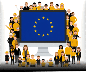 Illustrazione di diversi cittadini europei che interagiscono con un monitor che mostra la bandiera dell'Unione Europea, simboleggiando la digitalizzazione e la comunità.