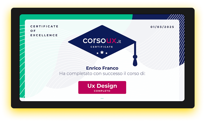 Certificato di eccellenza in UX Design di corsoUX.it, conseguito da Enrico Franco il 01/03/2025, attestante competenze in user experience