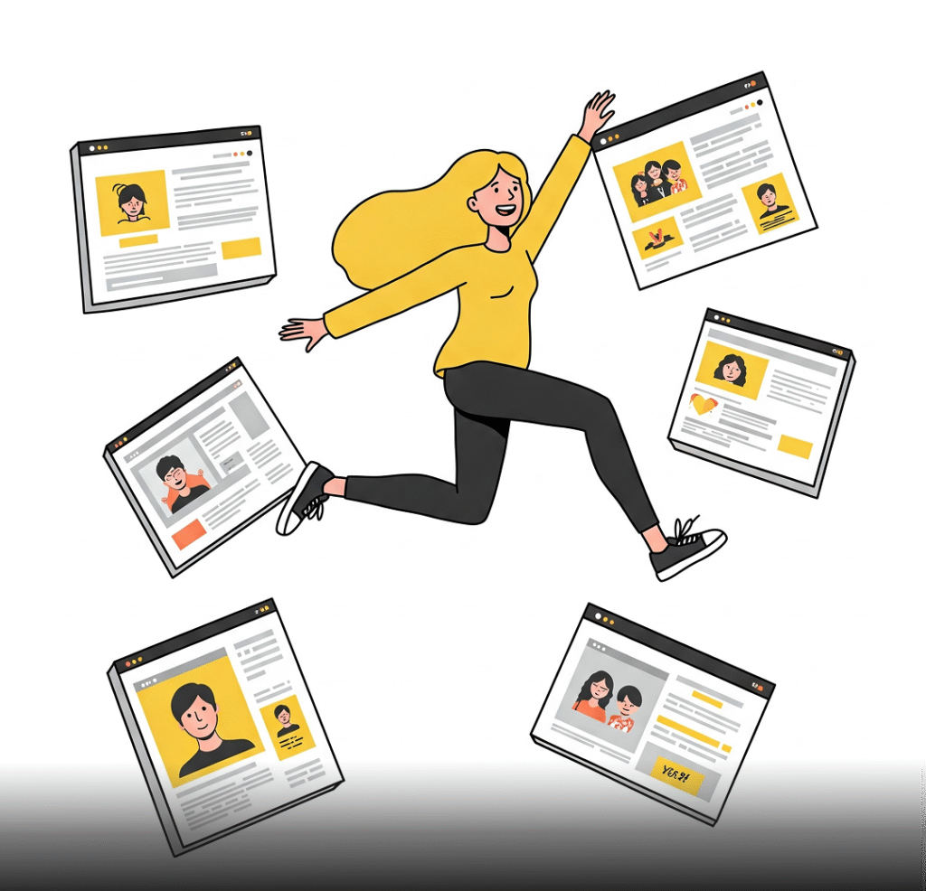 llustrazione di una donna che salta tra diverse pagine web, simbolo del bounce rate nei siti.