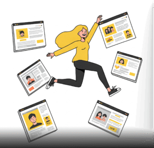 llustrazione di una donna che salta tra diverse pagine web, simbolo del bounce rate nei siti.