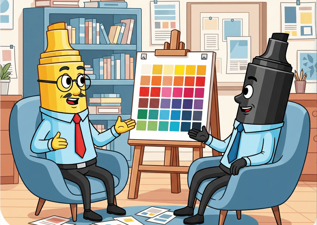 "Illustrazione simpatica di due pennarelli esperti di web design che discutono l'importanza della psicologia dei colori con una palette cromatica"