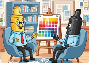 "Illustrazione simpatica di due pennarelli esperti di web design che discutono l'importanza della psicologia dei colori con una palette cromatica"