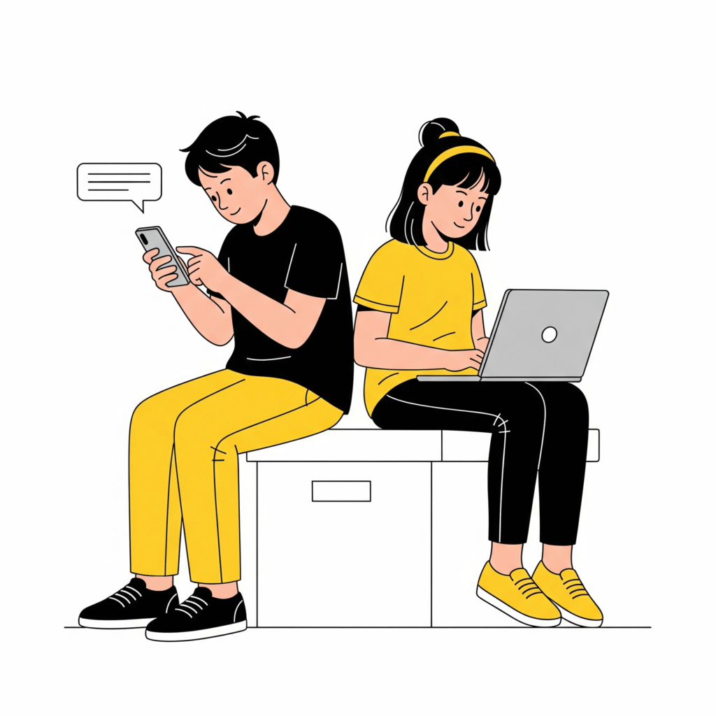 illstrazione vettoriale di un ragazzo con telefonino e una ragazza accanto con laptop che navigano sul web