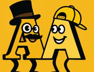 Un’illustrazione che mette a confronto i font serif e sans serif attraverso due personaggi stilizzati: il primo con cilindro e baffi, il secondo con cappellino sportivo.