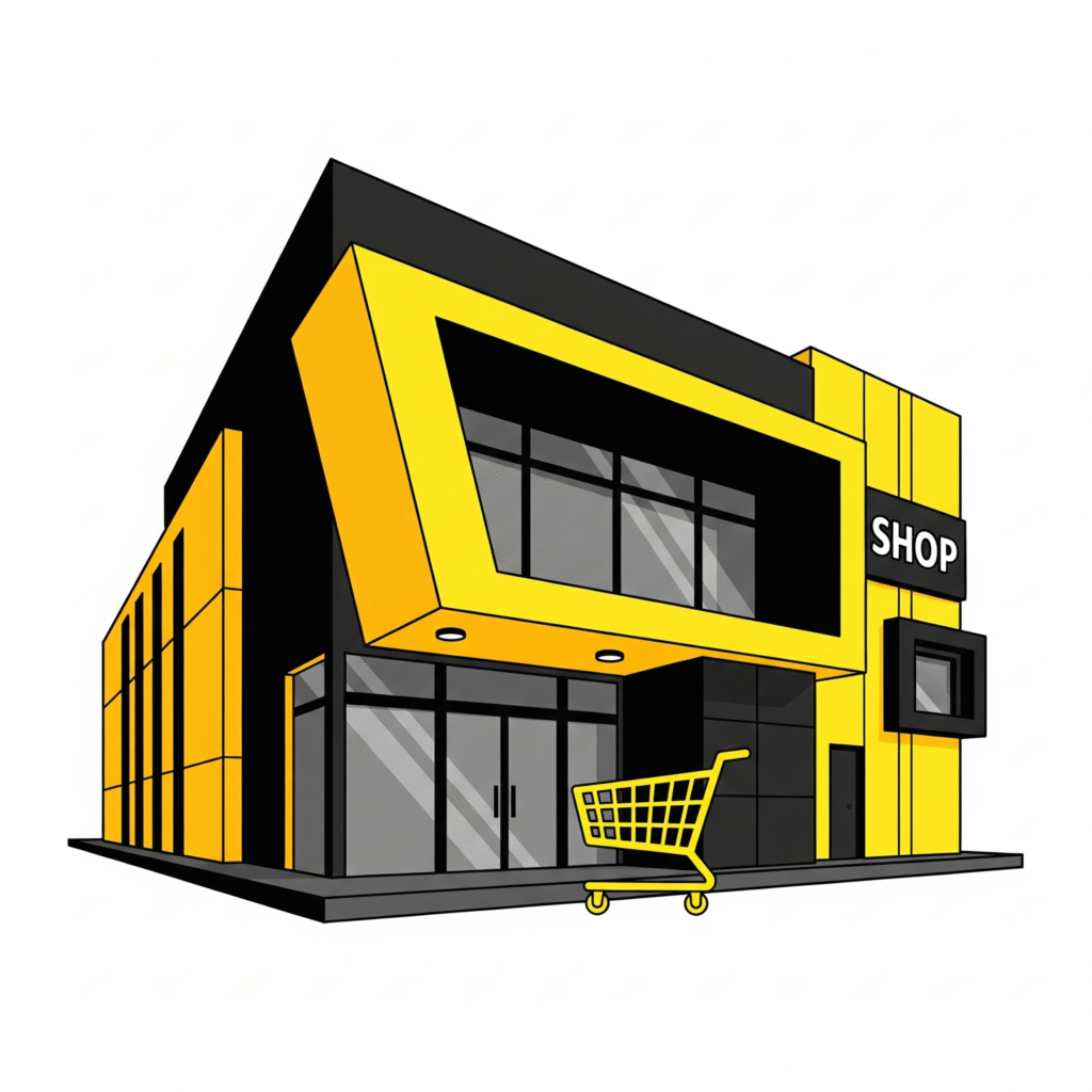 Illustrazione di un negozio moderno con architettura gialla e nera e un carrello della spesa, simbolo di e-commerce e soluzioni di vendita online.