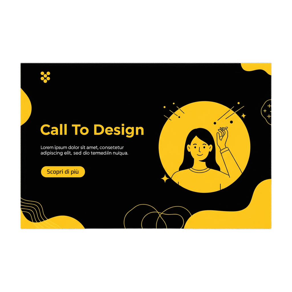 "Illustrazione di una landing page 'Call To Design' con un'illustrazione femminile, che rappresenta la creazione di pagine di atterraggio efficaci per il web design."