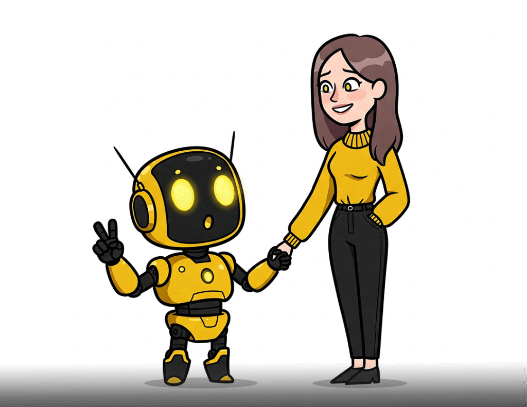 Illustrazione vettoriale di un simpatico robot giallo che tiene per mano una donna sorridente, raffigurando l'intelligenza artificiale come un assistente utile anziché una minaccia.