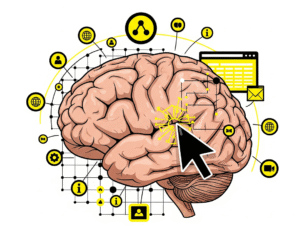 Illustrazione di un cervello umano stilizzato con una freccia del mouse che interagisce con esso, circondato da icone che rappresentano internet, social media, informazione e comunicazione digitale. Sottolinea l'importanza dei modelli mentali nel web design.