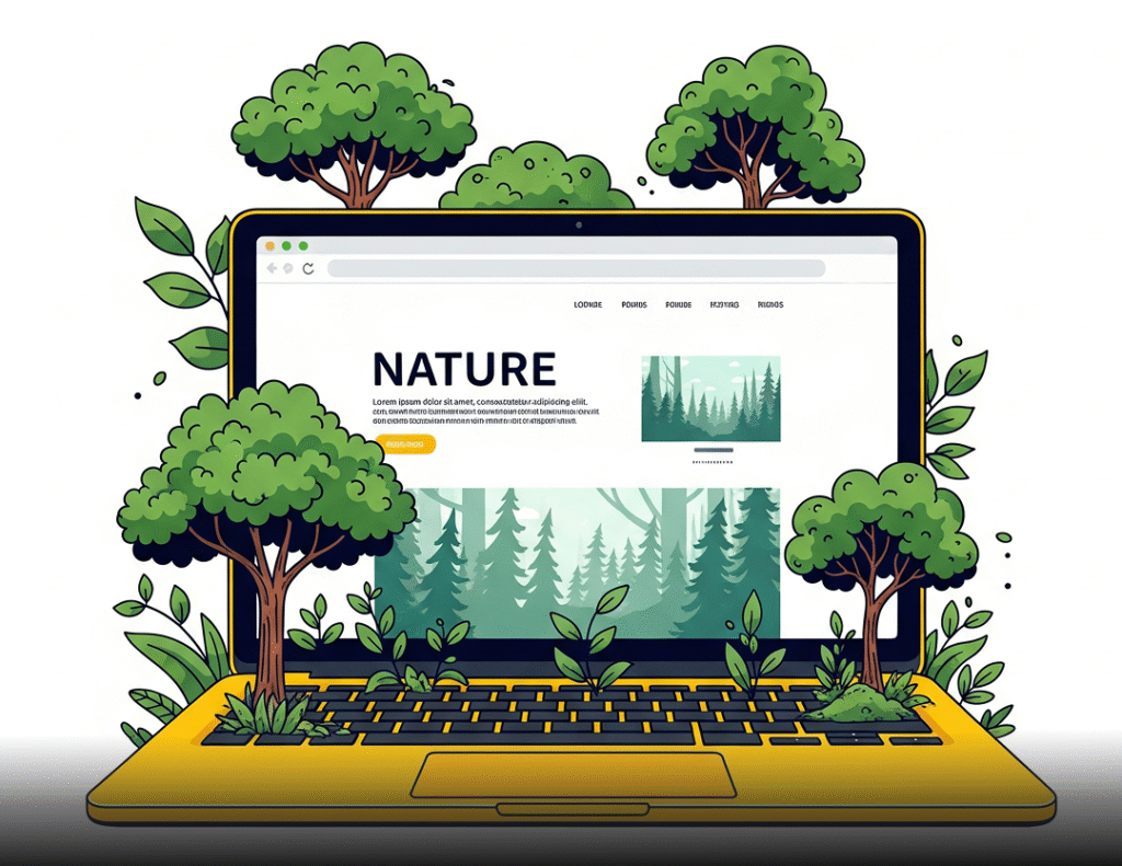 Illustrazione vettoriale di un laptop con alberi e vegetazione che crescono dalla tastiera, mostrando un sito web con "NATURE" come titolo principale, a simboleggiare il web design sostenibile.