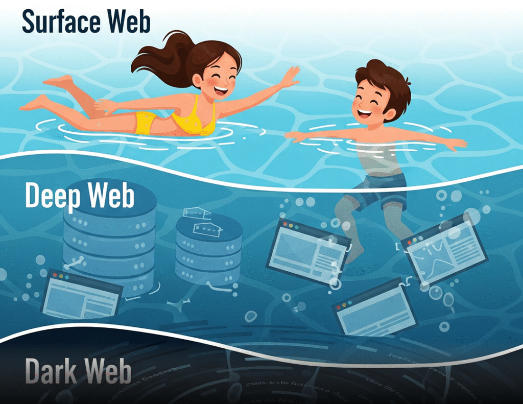 Illustrazione che spiega i diversi livelli di internet: Surface Web (persone che nuotano), Deep Web (server dati e schermi sommersi) e Dark Web (strato scuro e nascosto con contenuti oscuri).