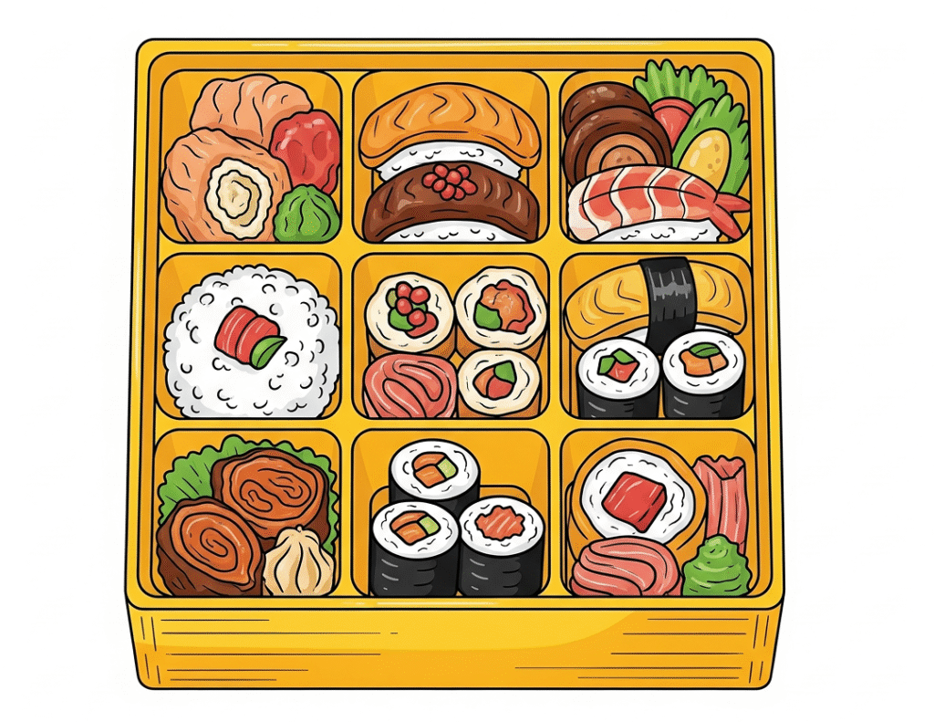 Bento box giapponese con scomparti pieni di sushi, maki e altri cibi, illustra il concetto di bento grid nel web design.