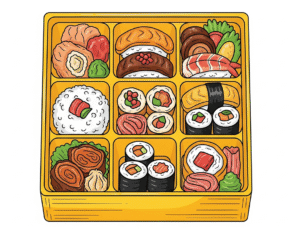 Bento box giapponese con scomparti pieni di sushi, maki e altri cibi, illustra il concetto di bento grid nel web design.