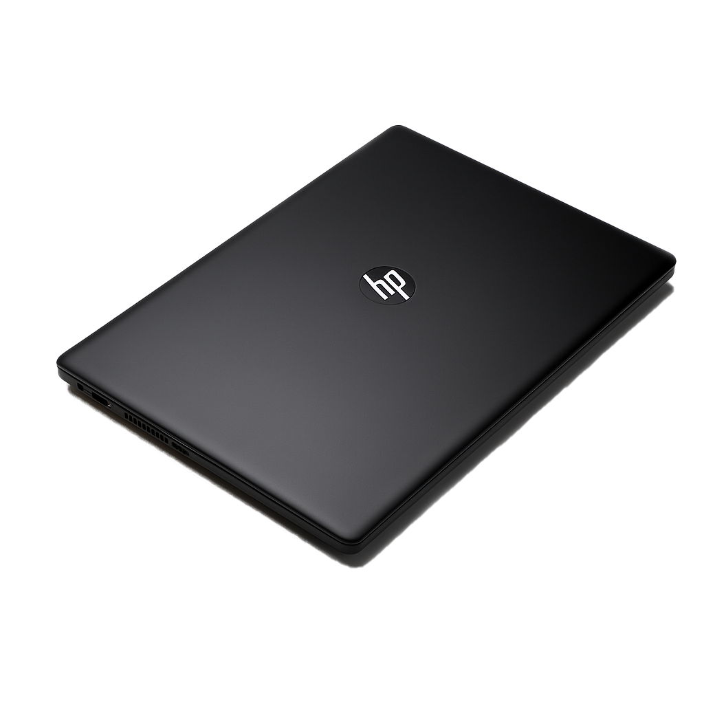 Laptop HP nero chiuso su superficie riflettente