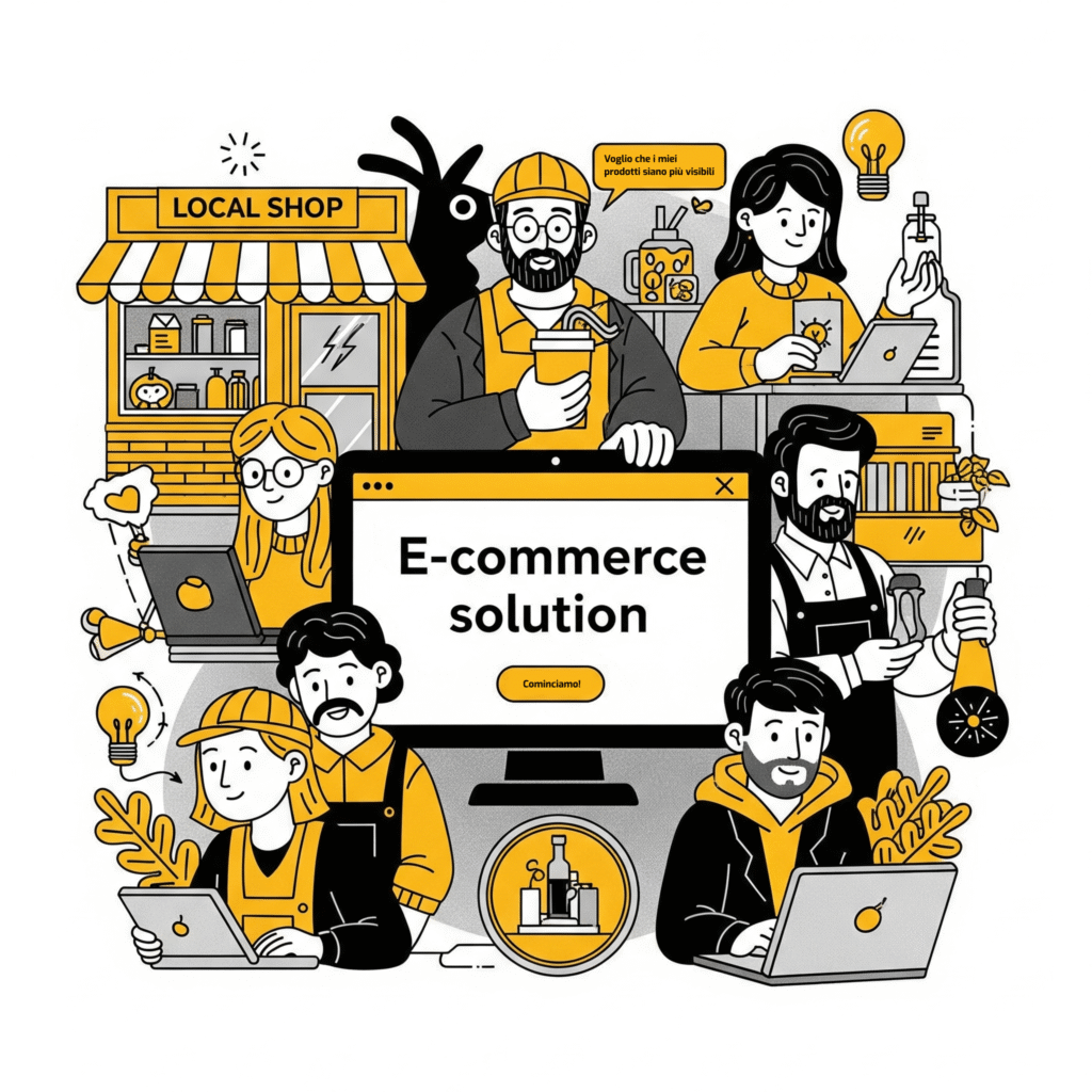 Illustrazione di diversi imprenditori e professionisti (Local Shop, artigiani, servizi) che cercano soluzioni per vendere online e rendere i prodotti più visibili.