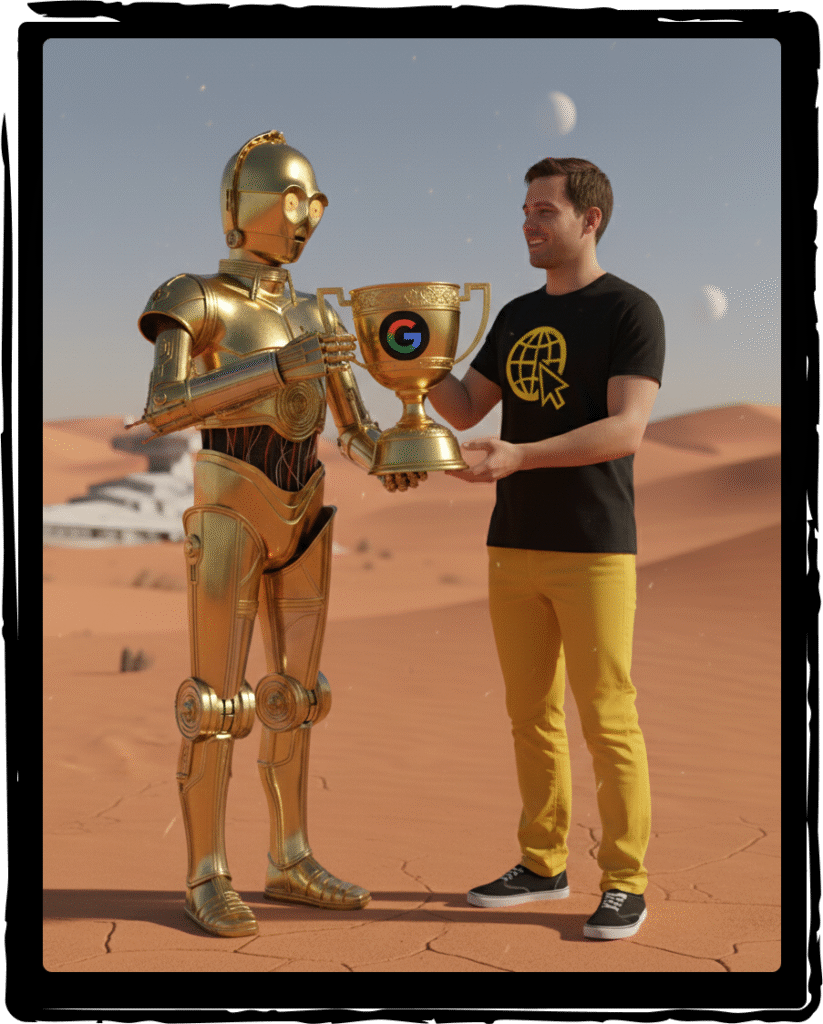 Robot che consegna una coppa, simbolo dei contenuti premiati da Google nell’AI Overview