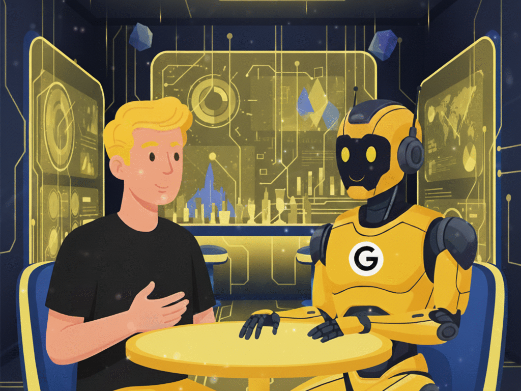 Uomo e robot AI di Google in conversazione su tecnologia e dati" oppure "Illustrazione AI Mode Google: persona interagisce con assistente robot in ambiente futuristico".