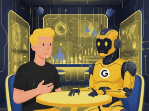 Uomo e robot AI di Google in conversazione su tecnologia e dati" oppure "Illustrazione AI Mode Google: persona interagisce con assistente robot in ambiente futuristico".