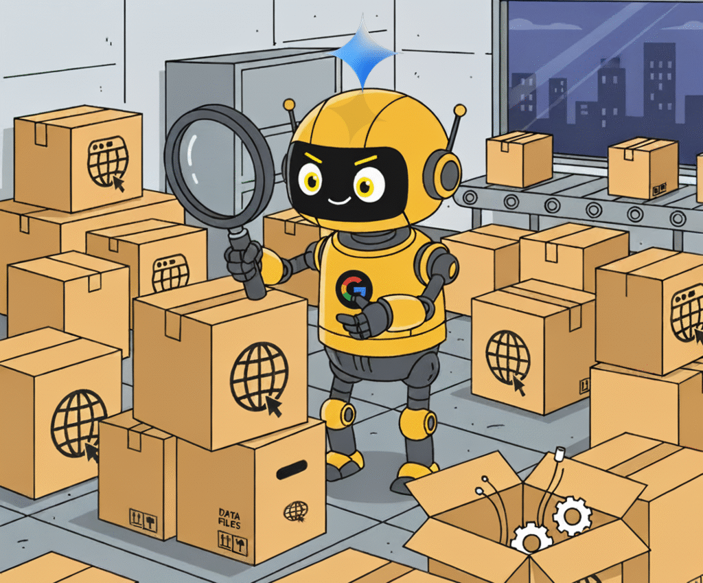 Robot di Google che analizza pacchi con simboli web, rappresentazione dell’AI Overview e della nuova SEO.
