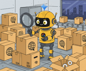 Robot di Google che analizza pacchi con simboli web, rappresentazione dell’AI Overview e della nuova SEO.