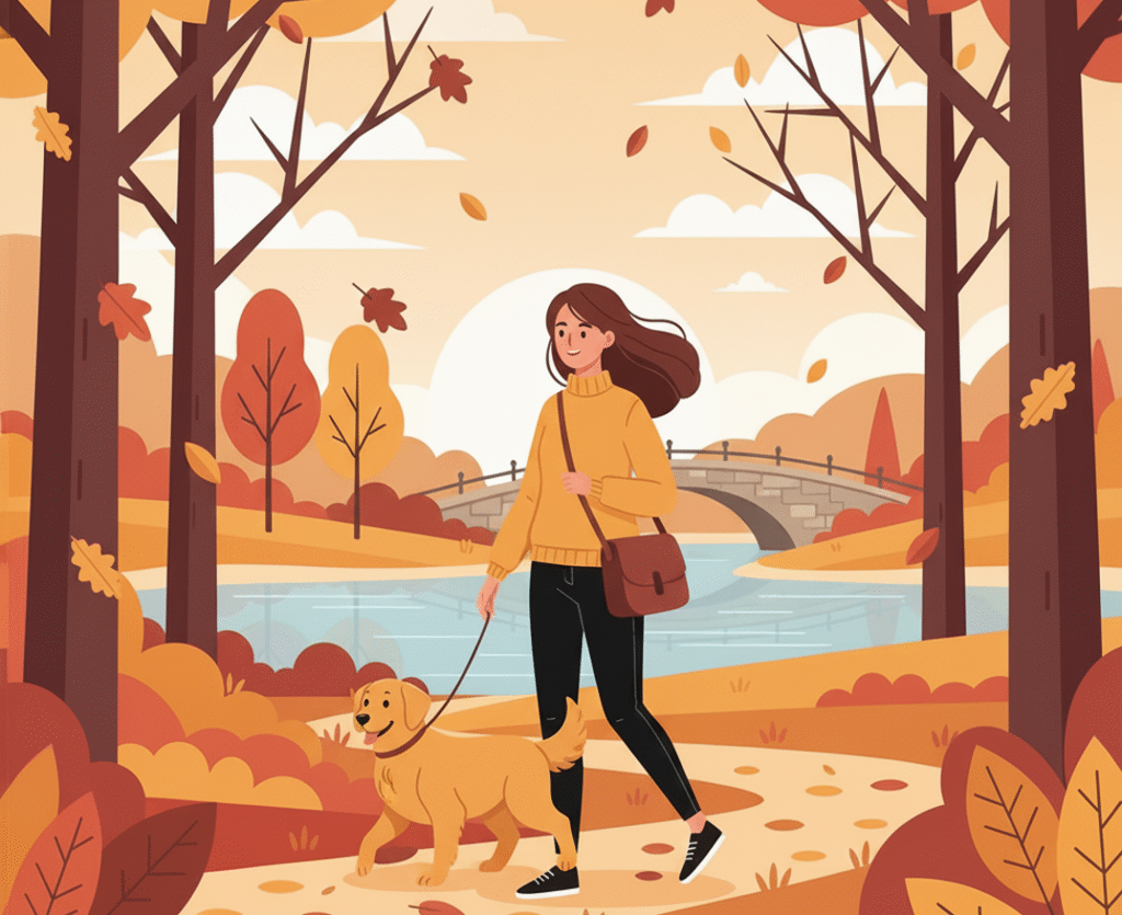Illustrazione autunnale di una donna che passeggia con il suo cane in un parco, con alberi dai colori caldi e un ponte sullo sfondo.