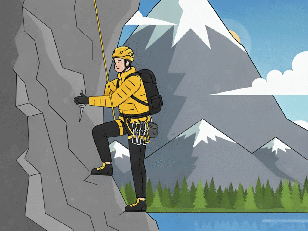 Illustrazione vettoriale di un uomo che scala una montagna, ovvero una similitudine di scalare i risultati di ricerca con la SEO