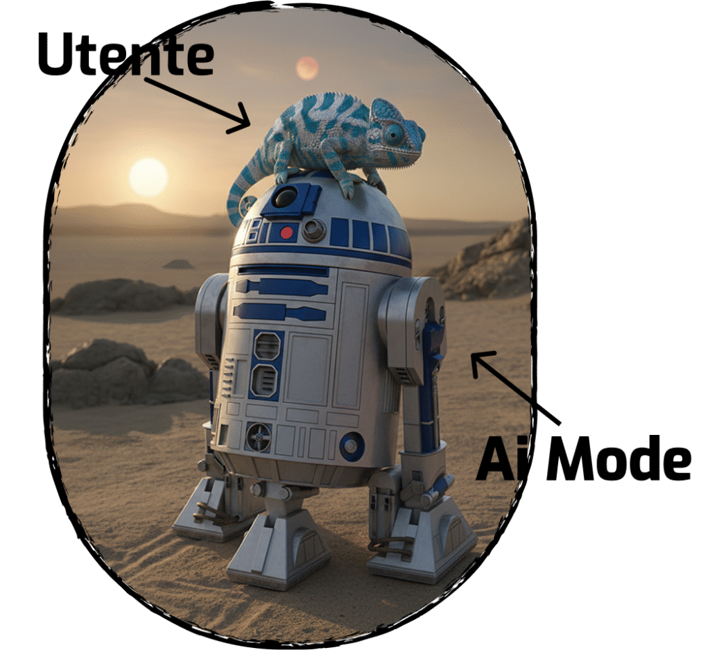 Camaleonte su un robot come metafora dell’adattamento dell’utente alla modalità AI Mode di Google.