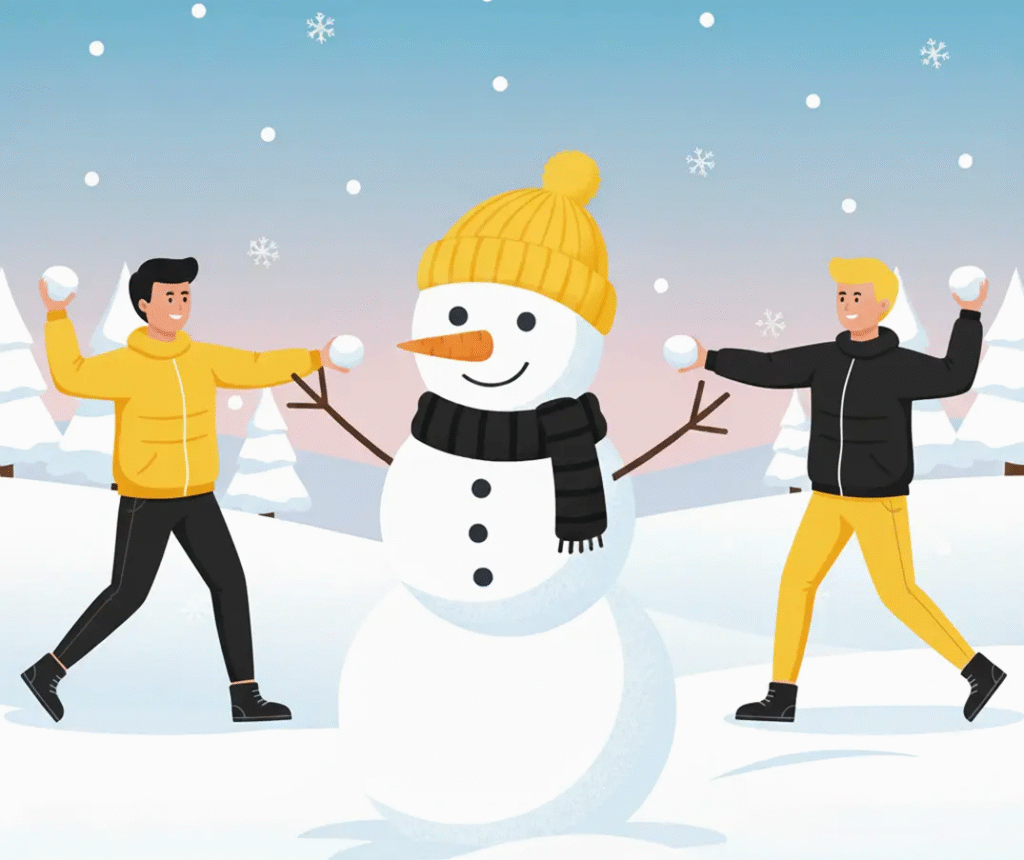 Illustrazione moderna di due persone che giocano a palle di neve attorno a un pupazzo di neve, perfetta per rappresentare la stagione e le palette colori invernali.