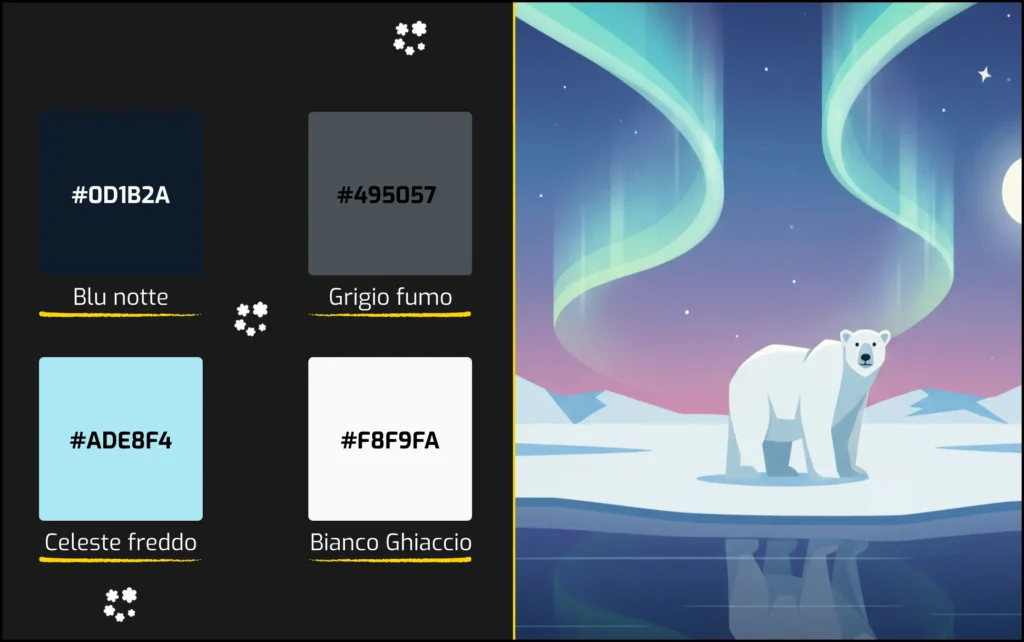 Palette colori invernali Notte Polare per siti web con blu notte, grigio fumo, celeste freddo e bianco ghiaccio, accompagnata da illustrazione di un orso polare sopra un ghiacciaio