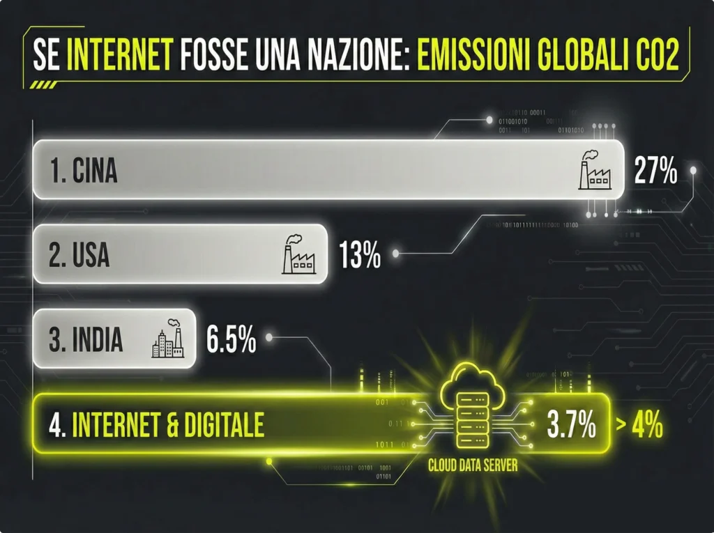 nfografica che mostra una classifica delle emissioni globali di CO2. Al primo posto la Cina (27%), seguita da USA (13%) e India (6.5%). Al quarto posto, evidenziato in giallo, c'è Internet e il Digitale (circa 4%), dimostrando l'impatto dell'inquinamento web.
