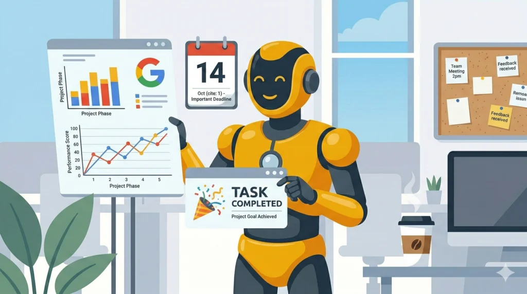 Robot umanoide giallo e nero seduto in un ufficio moderno che analizza grafici e task completati.