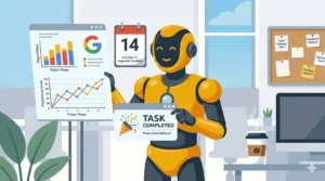 Robot umanoide giallo e nero seduto in un ufficio moderno che analizza grafici e task completati.