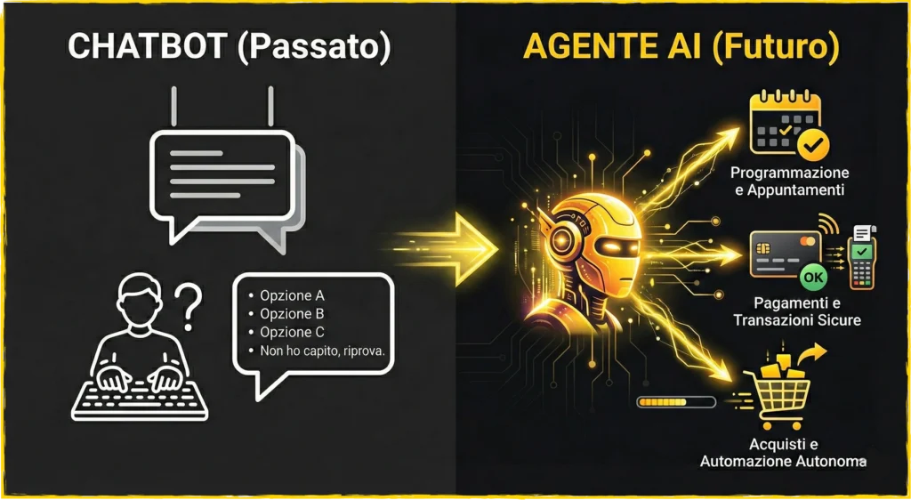 Infografica che confronta i chatbot del passato (testuali) con gli Agenti AI del futuro capaci di gestire pagamenti e appuntamenti.