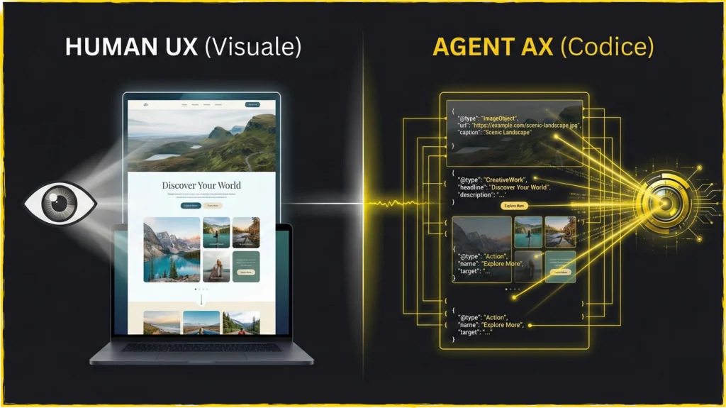 La differenza tra l'interfaccia visiva per gli umani (UX) e il codice semantico strutturato per l'Intelligenza Artificiale (AX).